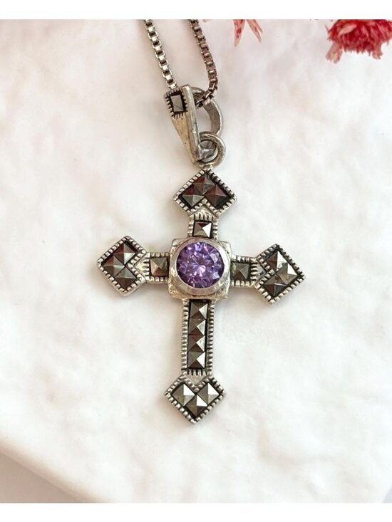 Jewelry - Art Deco Amethyst & Marcasite Sterling Silver 925 Vintage Pendant Necklace - 20"